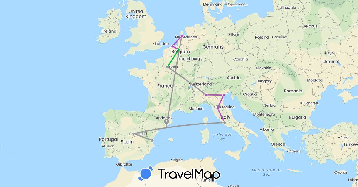 TravelMap itinerary: driving, bus, plane, train in Belgium, Spain, France, Italy, Netherlands (Europe)